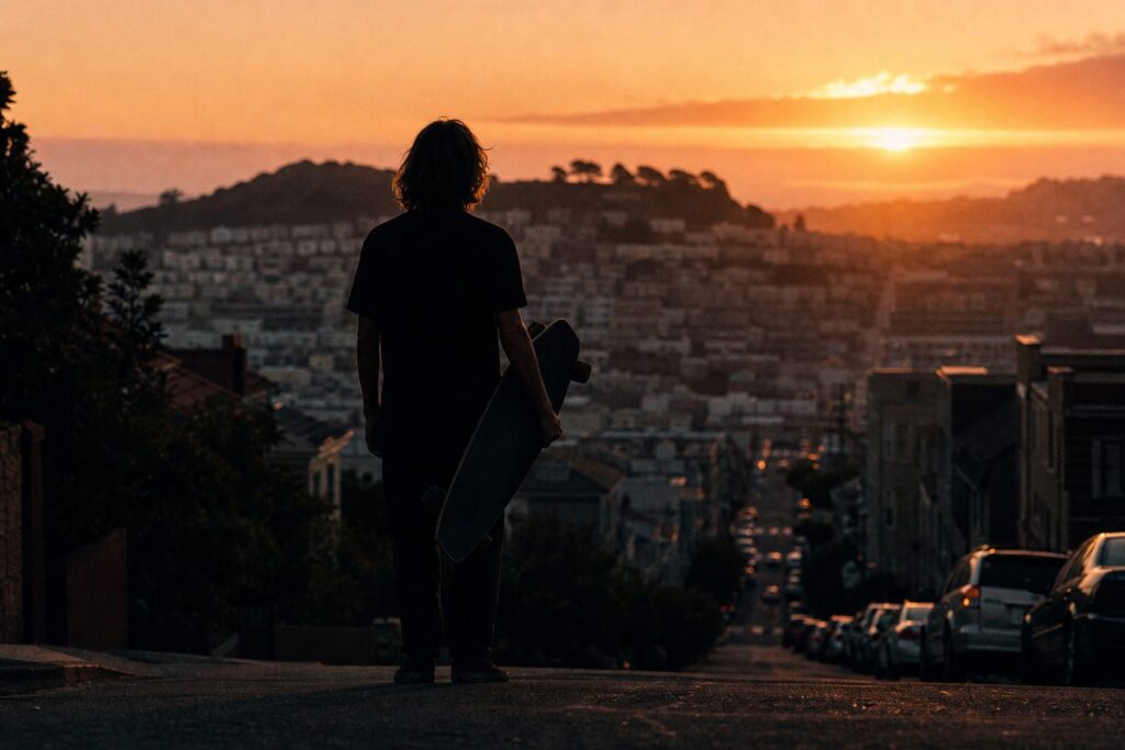 A longboarder in silhouette at the top of a steep residential hill at sunset, board under one arm