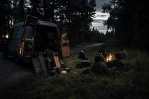 A skate crew van parked on a forest road at dusk with longboards and helmets spilling from the open back doors