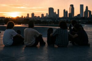 Skaters sitting on the deck of a bowl at dusk with a city skyline behind them